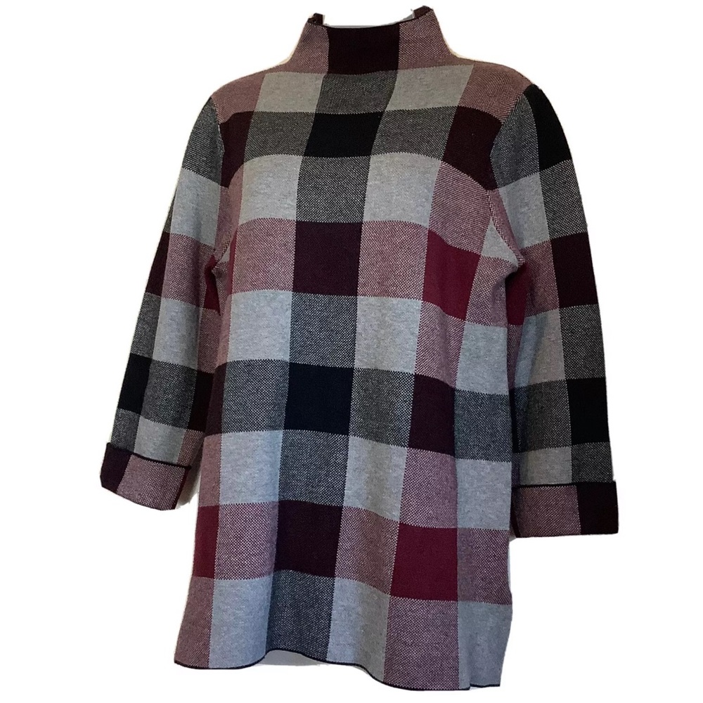 Tahari‎ Mock Neck Sweater Women Size Large Gray/Red Plaid Pullover Tartan Knit